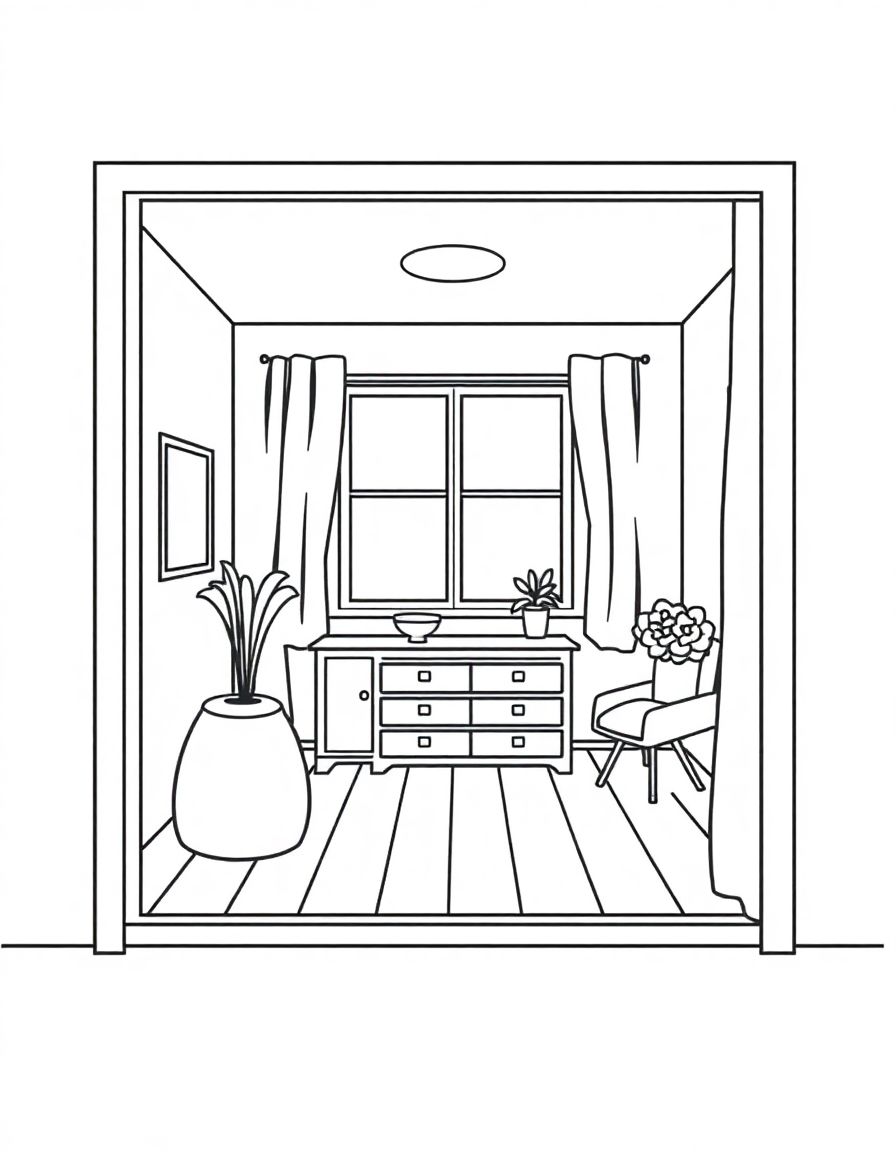 picture of a room,in a frame,simple lines,coloring book,fully enclosed shapes