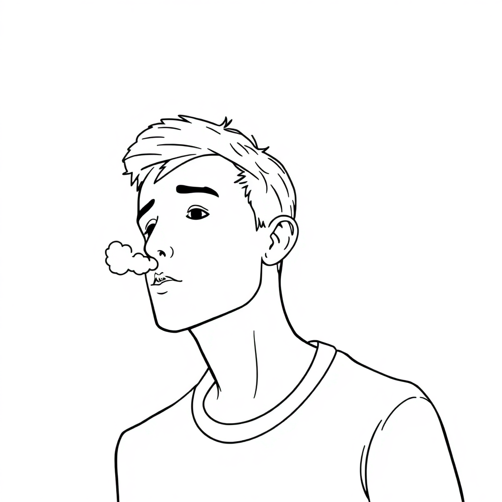 A person accompanied by a puff of gas exhaled from their nose