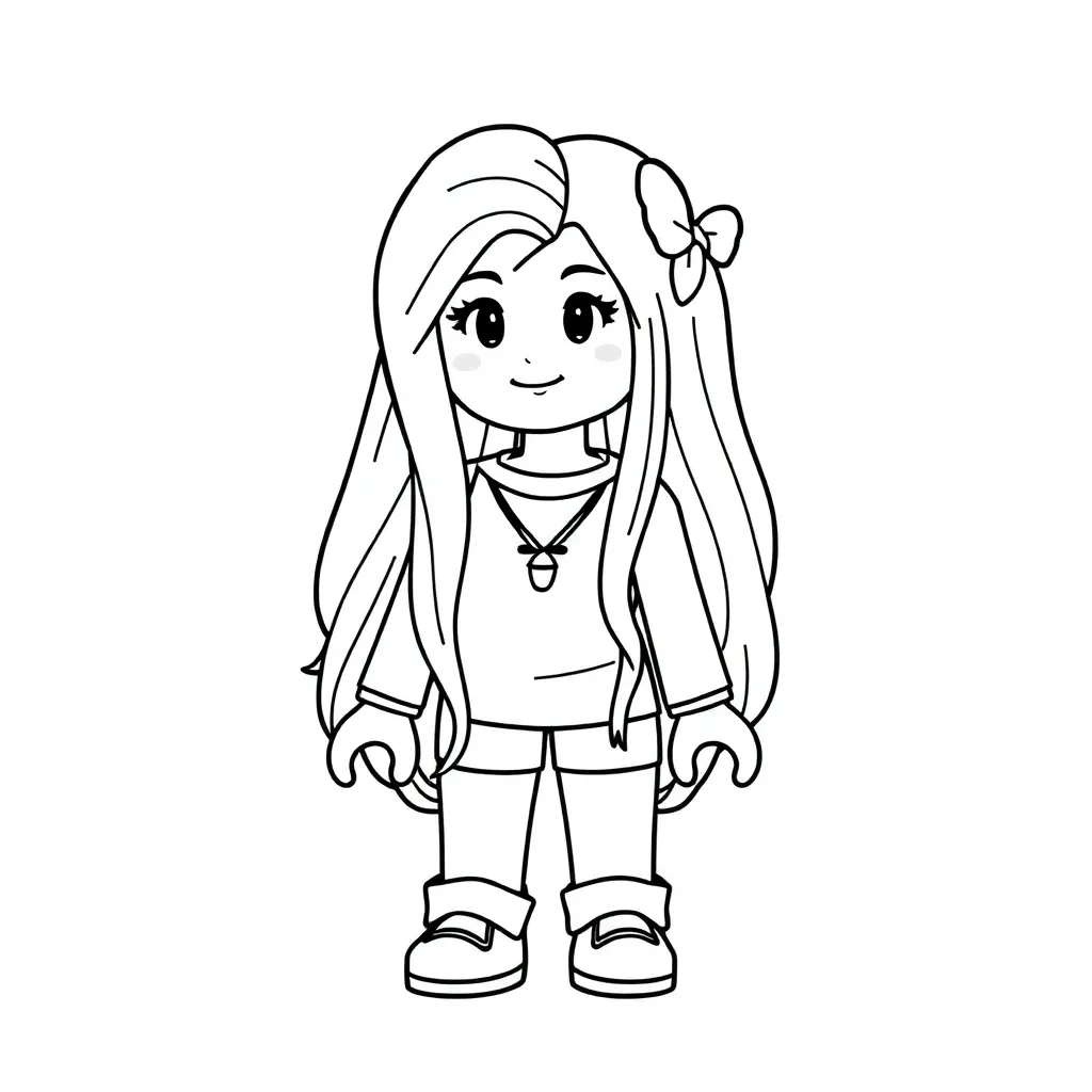 Cute Roblox girl with long hair, coloring page, simple outline