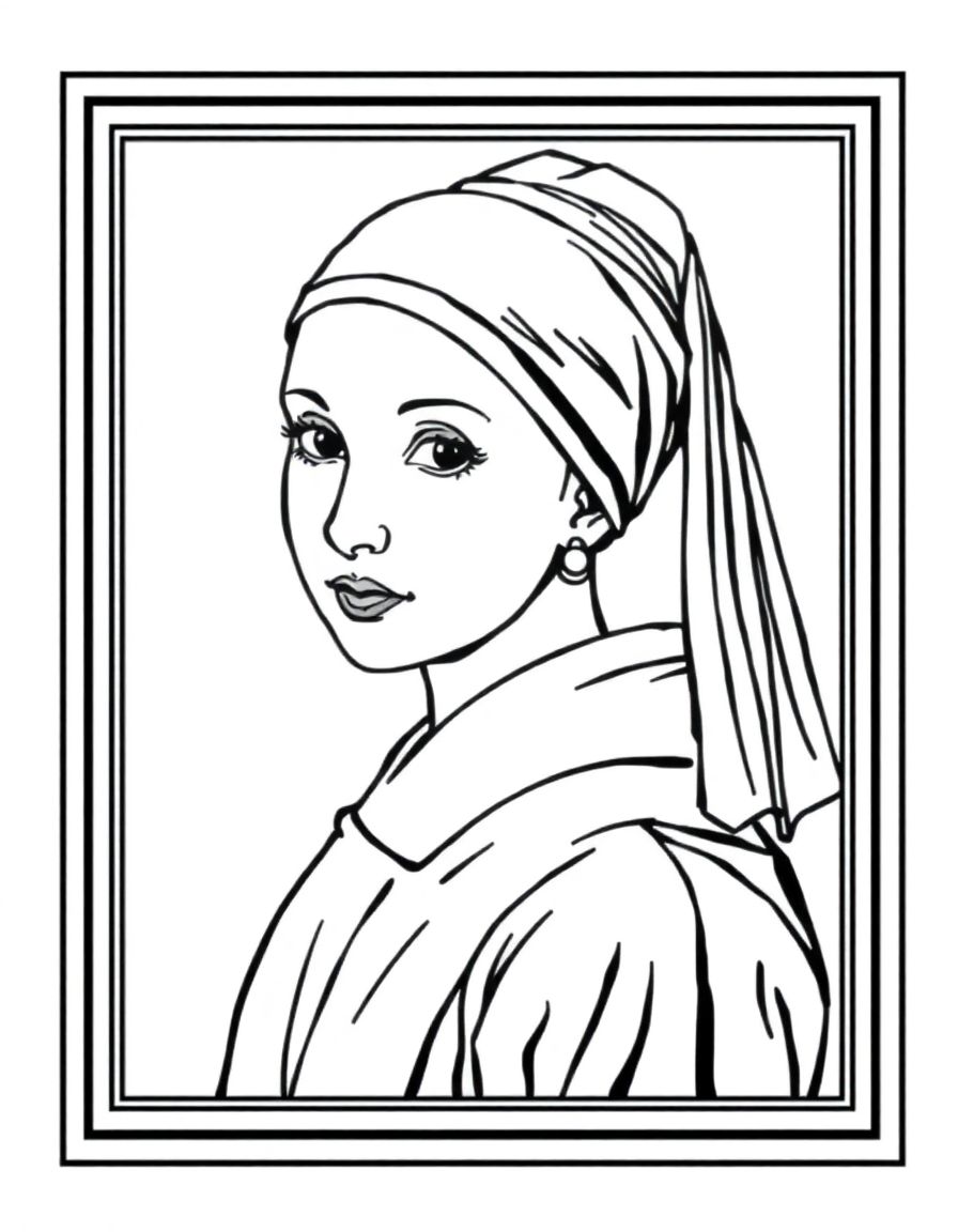 Girl with a Pearl Earring,coloring book,in a frame, fully enclosed shapes