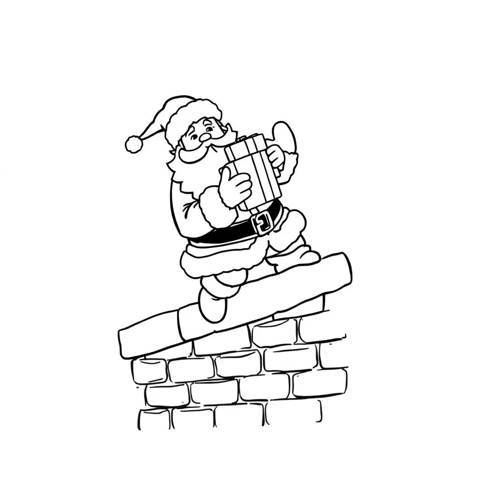 Santa climbing down chimney, holding gifts