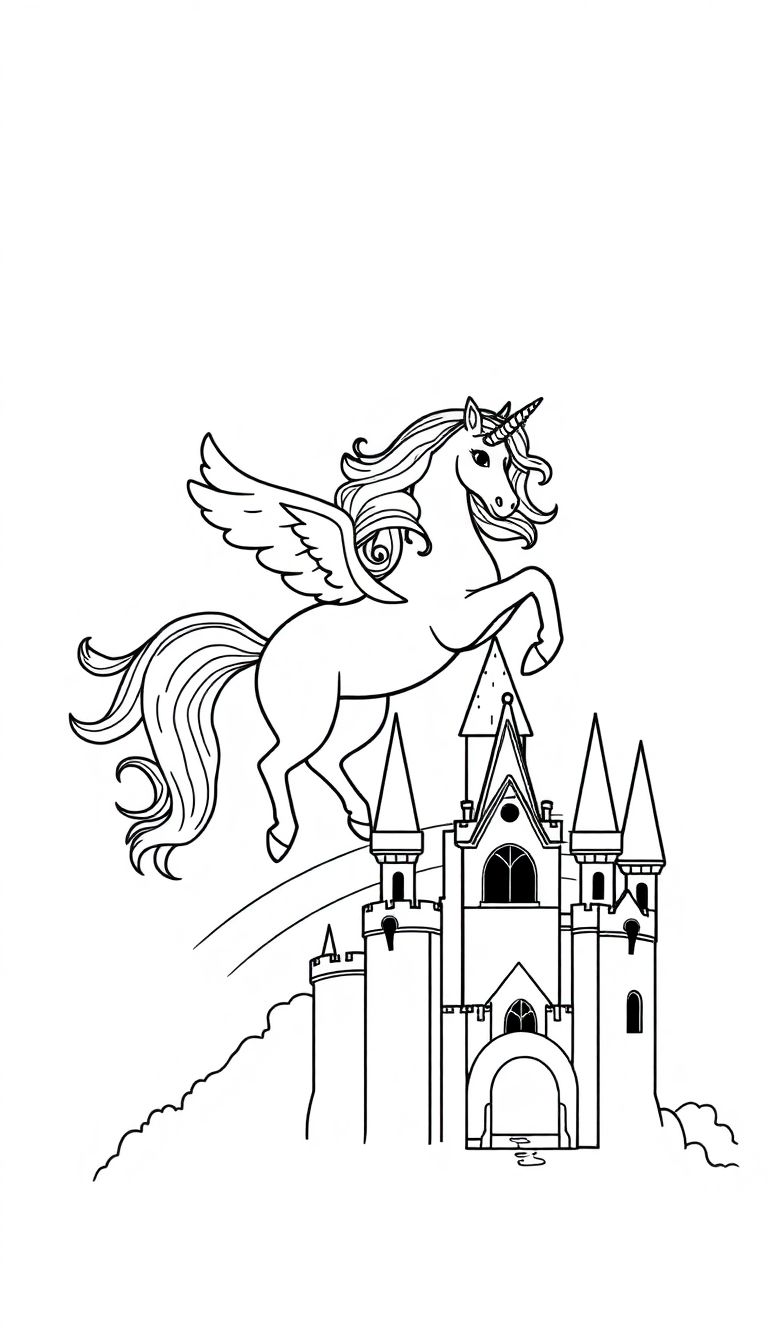 Magical unicorn flying over a rainbow castle, coloring page