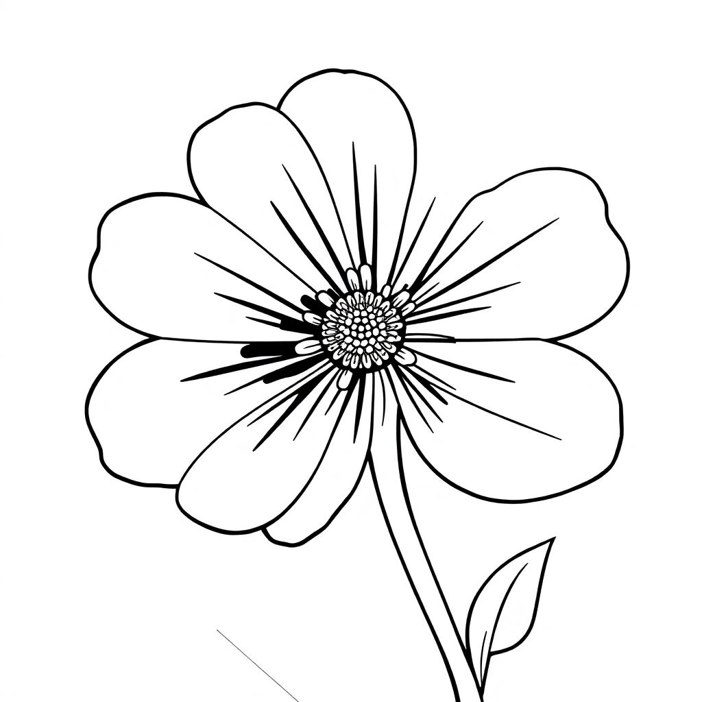 simple wildflower 4 petals round center stem with one small leaf line art childrens style
