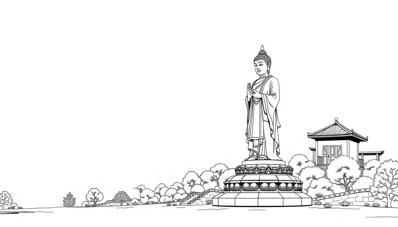 A solitary vintage style Buddha statue stands as the landmark of the village.