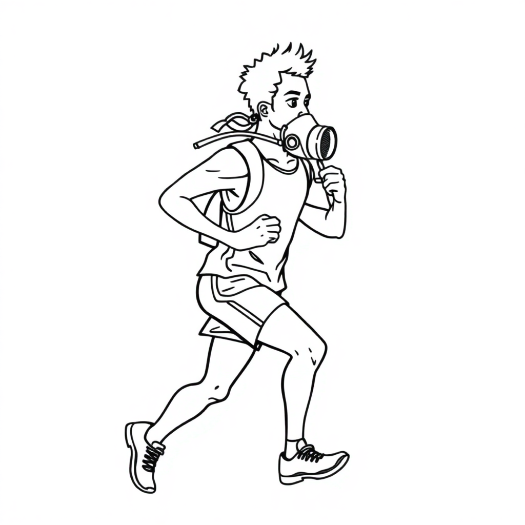 A runner, accompanied by the air exhaled from a respirator.