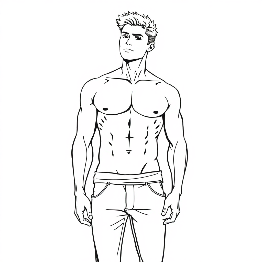 male human body sketch, clean line art, anime style