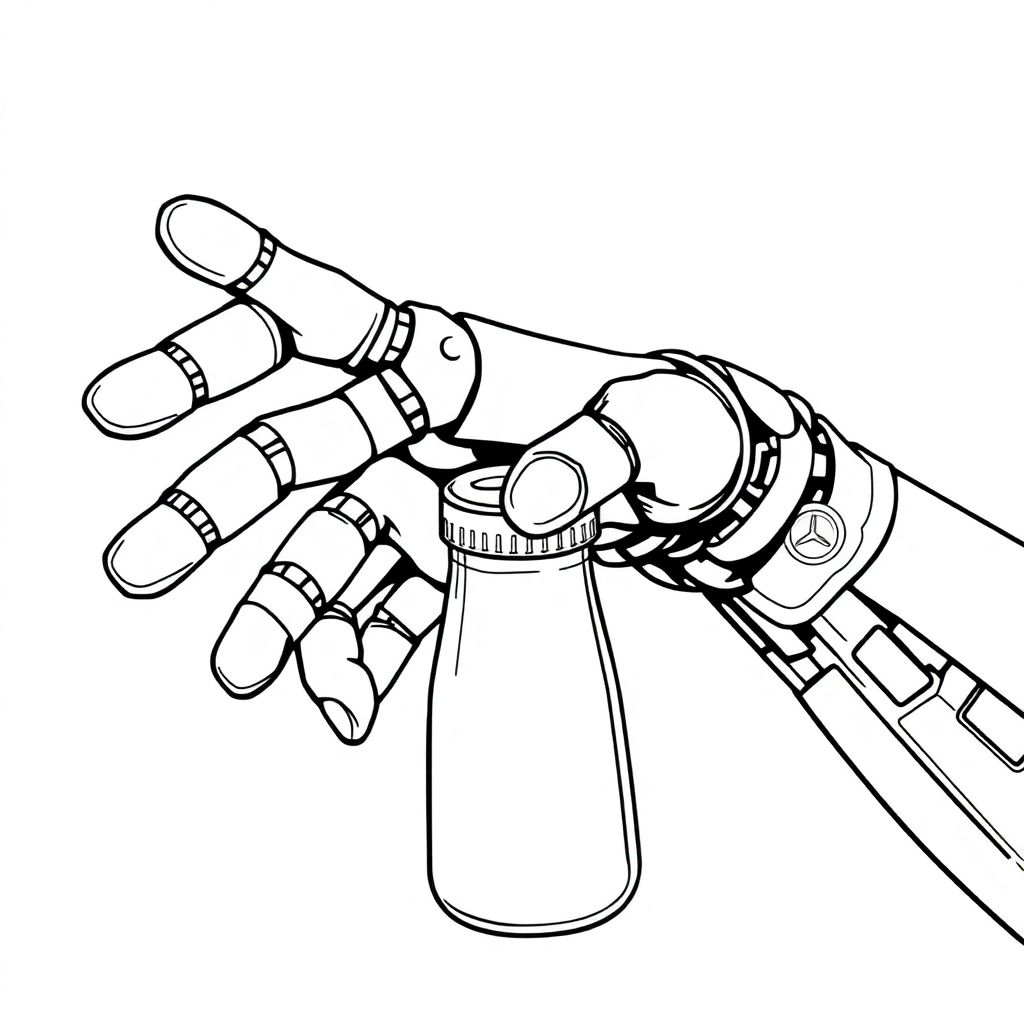 A five finger robotic arm is used to loosen and unscrew the bottle cap