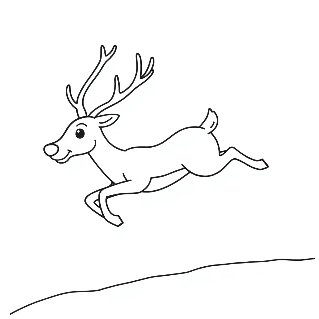 Rudolph flying over snow, nose, line art, thick lines, simple shapes