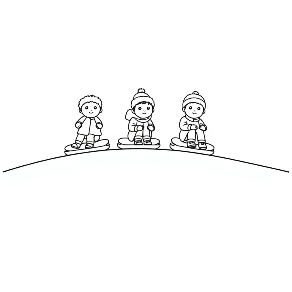 Children sledding down hill, line art, thick lines, simple shapes, background