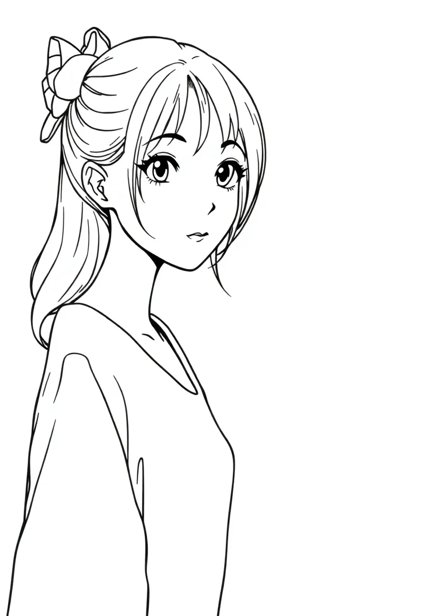 Draw a Japanese manga girl line drawing.